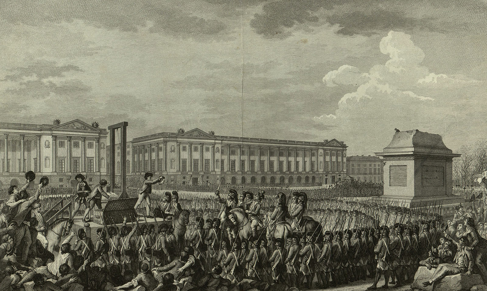 سکوی اعدام دسته‌جمعی در فرانسه، گردن زدن ملکه و پادشاه فرانسه در اوایل 1793 و در یک مراسم عمومی. در حالیکه که آمریکاییها مفهوم پادشاهی را تحقیر می‌کردند، اعدام لویی شانزدهم در فرانسه از نظر بسیاری از آمریکاییها منزجر کننده بود و آن را به نوعی حکمرانی آشوب و وحشیگری می‌دانستند. نقاشی از چارلز مونه، حکاکی از آنتوان جین دوکلوس و اسیدور استانیسلاس هلمن. 21 ژانویه 1793 روز اعدام لویی شانزدهم